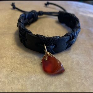 Hand Crafted Black Leather Shamballa Bracelet Red Garnet Stone Charm New!